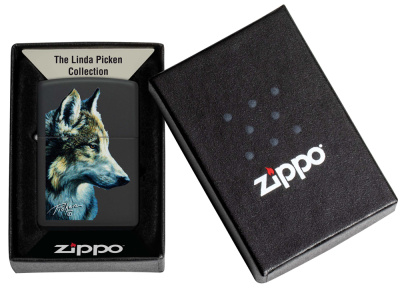 Зажигалка ZIPPO Линда Пикен «Волк» с черным матовым покрытием | Linda Picken Black Matte, латунь/сталь, черная, 38x13x57 мм