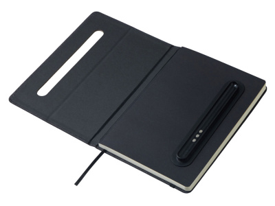 Набор блокнот А5 с магнитным держателем для ручки и подставкой для телефона и металлической шариковой ручкой NotaBene, черный