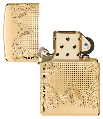 Зажигалка ZIPPO Armor® Lucky Clover с покрытием High Polish Gold Plate, латунь/сталь, золотистая, 38x13x57 мм
