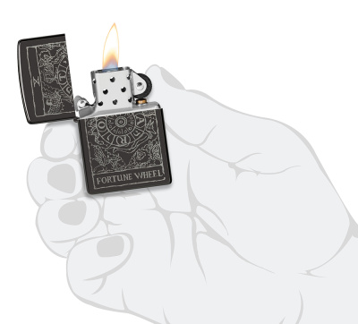 Зажигалка ZIPPO Wheel Of Fortune с покрытием High Polish Black, латунь/сталь, черная, глянцевая, 38x13x57 мм