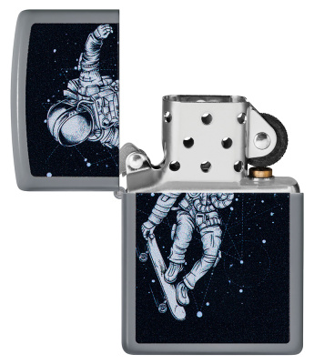 Зажигалка ZIPPO Космонавт-Скейтбордист со светло-серым покрытием | Skateboarding Astronaut Flat Grey, латунь/сталь, серая, 38x13x57 мм