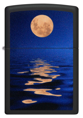 Зажигалка ZIPPO Закат луны с покрытием черный свет | Moon Sunset Black Light, латунь/сталь, чёрная, матовая, 38x13x57 мм