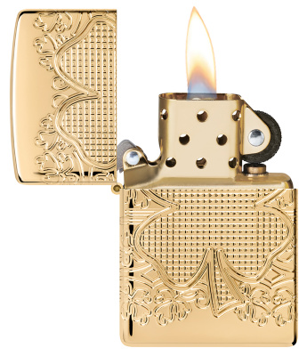 Зажигалка ZIPPO Armor® Lucky Clover с покрытием High Polish Gold Plate, латунь/сталь, золотистая, 38x13x57 мм
