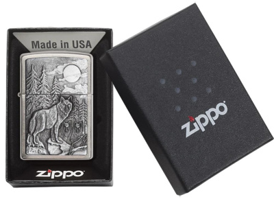 Зажигалка ZIPPO Лесные волки с покрытием матовый хром | Timberwolves Brushed Chrome, латунь/сталь, серебристая, матовая, 38x13x57мм