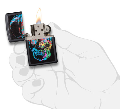 Зажигалка ZIPPO Цветной череп с черным матовым покрытием | Colorful Skull Design Black Matte, латунь/сталь, черная, 38x13x57 мм