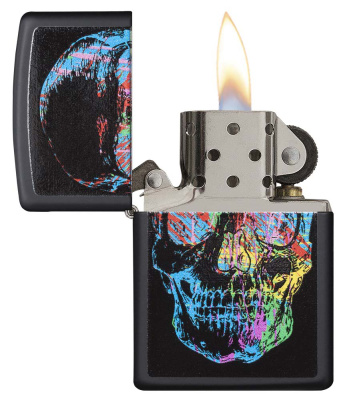 Зажигалка ZIPPO Цветной череп с черным матовым покрытием | Colorful Skull Design Black Matte, латунь/сталь, черная, 38x13x57 мм