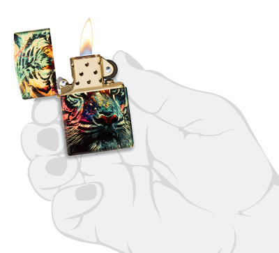 Зажигалка ZIPPO Нарисованный тигр с покрытием Искусственно состаренная латунь | Painted Tiger 540 Tumbled Brass,латунь/сталь,разноцветная, 38x13x57 мм