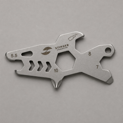 Мини-мультитул карманный Stinger, 60 x 31 мм, 5 функций, акула, нержавеющая сталь, серебристый, в блистере