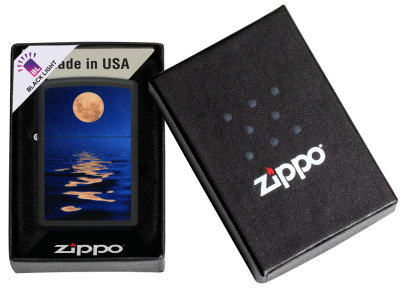 Зажигалка ZIPPO Закат луны с покрытием черный свет | Moon Sunset Black Light, латунь/сталь, чёрная, матовая, 38x13x57 мм