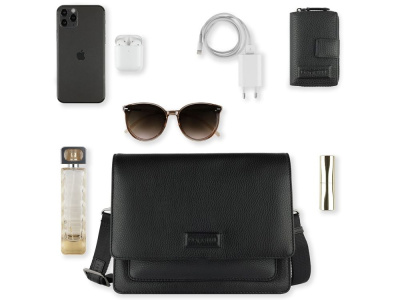 Сумка через плечо женская BUGATTI ЭЛЬЗА | ELSA, чёрная, воловья кожа/полиэстер, 25х8,5х20 см