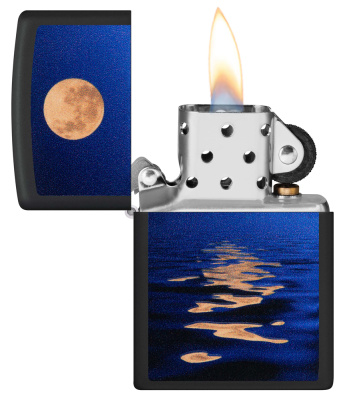 Зажигалка ZIPPO Закат луны с покрытием черный свет | Moon Sunset Black Light, латунь/сталь, чёрная, матовая, 38x13x57 мм