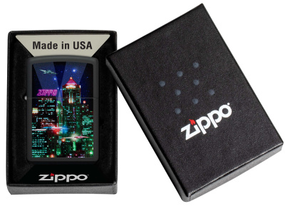 Зажигалка ZIPPO Кибергород с черным матовым покрытием | Cyber City Black Matte, латунь/сталь, черная 38x13x57 мм