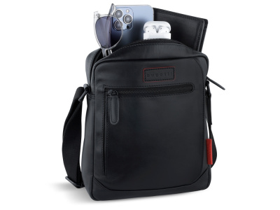 Сумка наплечная мужская BUGATTI КЛАРК | CLARK, чёрная, воловья кожа/полиэстер, 21х6,5х24 см, 3 л