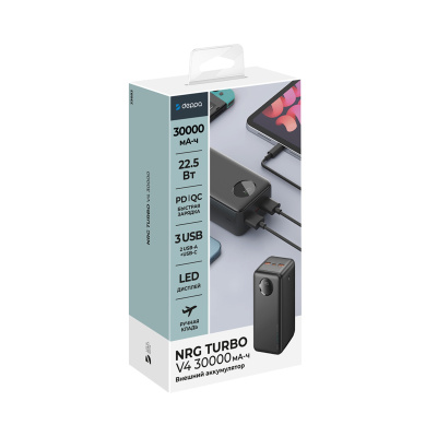 Внешний АКБ NRG Turbo V4 30000 мА-ч, дисплей, черный, Deppa , размер 30000 mAh