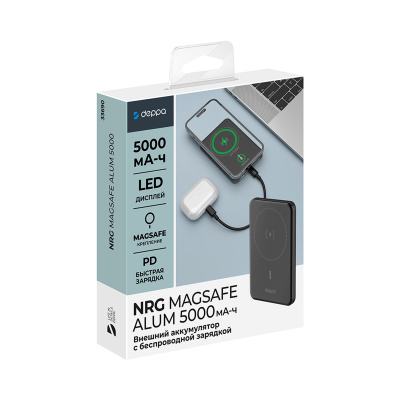 Внешний АКБ NRG MageSafe Alum 5000 мА-ч, 15Вт QI, серый, Deppa , размер 5000 mAh