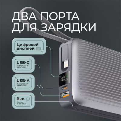 Внешний АКБ NRG Turbo Cable 20000 mAh, 22,5Вт, графит, Deppa , размер 20000 mAh