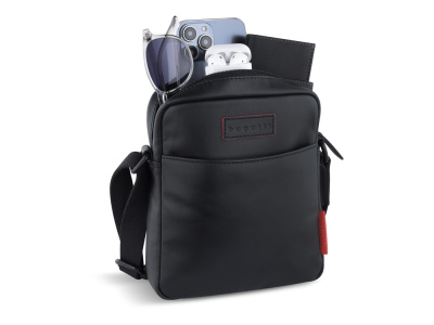 Сумка наплечная мужская BUGATTI КЛАРК | CLARK, чёрная, воловья кожа/полиэстер, 18х5,5х20 см, 2 л