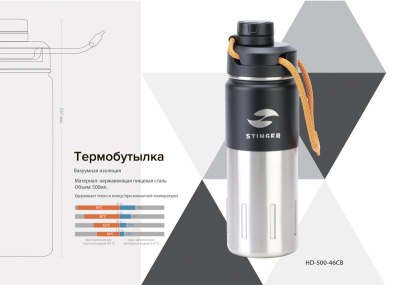 Термобутылка Stinger, 0,5 л, сталь/пластик, "черный карбон", 7,5 х 23,1 см