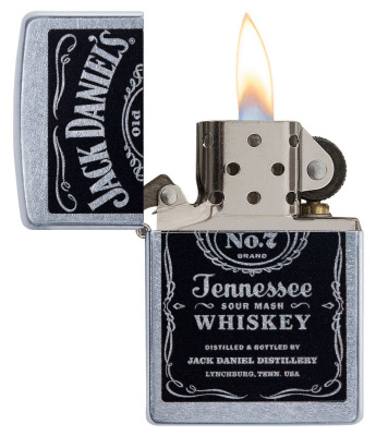 Зажигалка ZIPPO Джек Дэниэлс с покрытием поцарапанный хром | Jack Daniels® Street Chrome, латунь/сталь, серебристая, 38x13x57мм