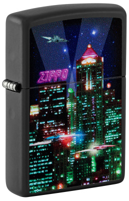 Зажигалка ZIPPO Кибергород с черным матовым покрытием | Cyber City Black Matte, латунь/сталь, черная 38x13x57 мм