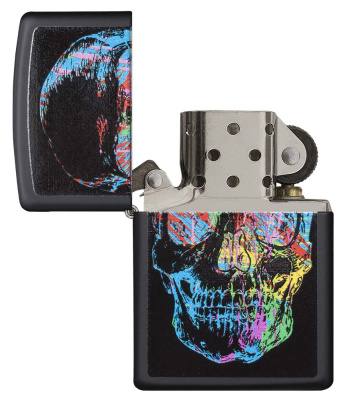 Зажигалка ZIPPO Цветной череп с черным матовым покрытием | Colorful Skull Design Black Matte, латунь/сталь, черная, 38x13x57 мм