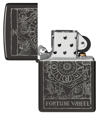 Зажигалка ZIPPO Wheel Of Fortune с покрытием High Polish Black, латунь/сталь, черная, глянцевая, 38x13x57 мм
