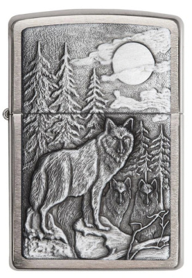 Зажигалка ZIPPO Лесные волки с покрытием матовый хром | Timberwolves Brushed Chrome, латунь/сталь, серебристая, матовая, 38x13x57мм
