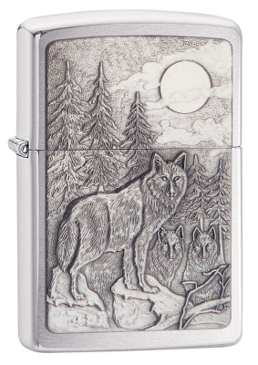 Зажигалка ZIPPO Лесные волки с покрытием матовый хром | Timberwolves Brushed Chrome, латунь/сталь, серебристая, матовая, 38x13x57мм