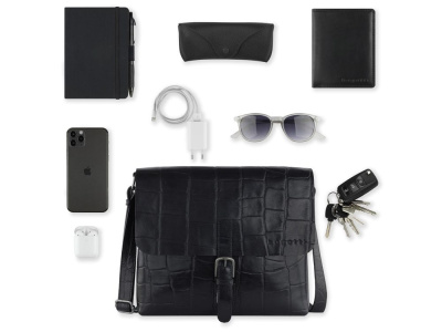 Сумка-мессенджер мужская BUGATTI НЕВИО | NEVIO, чёрная, воловья кожа/хлопок, 30,5х7х25 см, 5 л