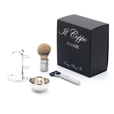 Бритвенный набор IL Ceppo: станок, помазок, подставка, чаша, алюминий/никелированная латунь, FUSION, натуральный ворс барсука BEST BADGER