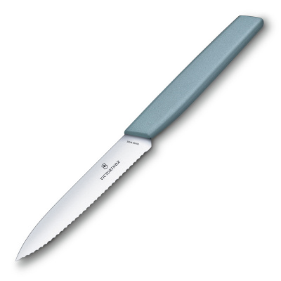 Нож для овощей и фруктов VICTORINOX Swiss Modern, лезвие 10 см с волнистой кромкой, серо-голубой