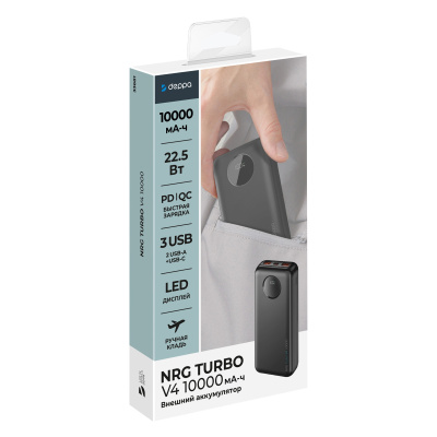 Внешний АКБ NRG Turbo V4 10000 мА-ч, дисплей, черный, Deppa , размер 10000 mAh