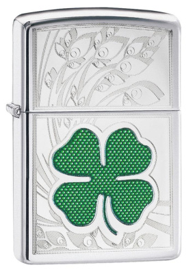 Зажигалка ZIPPO Клевер с покрытием Глянцевый хром | Clover High Polish Chrome, латунь/сталь, серебристая, 38x13x57 мм