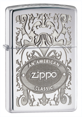 Зажигалка ZIPPO Филигранный логотип с покрытием Глянцевый хром | Crown Stamp™ High Polish Chrome, латунь/сталь, серебристая, 38x13x57 мм