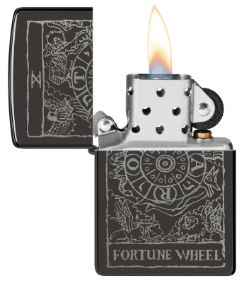 Зажигалка ZIPPO Wheel Of Fortune с покрытием High Polish Black, латунь/сталь, черная, глянцевая, 38x13x57 мм