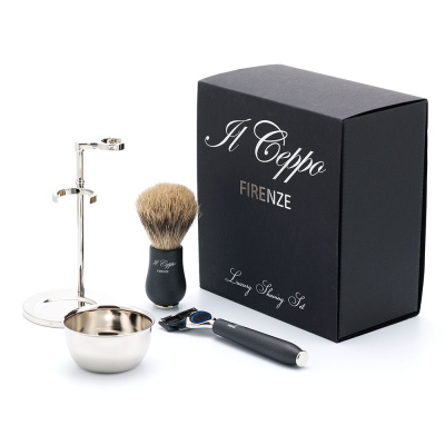 Бритвенный набор IL Ceppo: станок, помазок, подставка, чаша, качуковая смола/никелированная латунь, FUSION, натуральный ворс барсука BEST BADGER