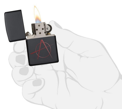 Зажигалка ZIPPO Символ анархии с черным матовым покрытием | Anarchy Symbol Black Matte, латунь/сталь, чёрная, матовая, 38x13x57 мм
