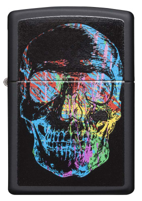 Зажигалка ZIPPO Цветной череп с черным матовым покрытием | Colorful Skull Design Black Matte, латунь/сталь, черная, 38x13x57 мм