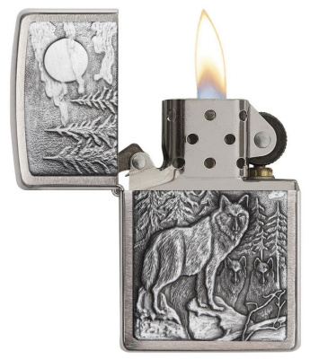 Зажигалка ZIPPO Лесные волки с покрытием матовый хром | Timberwolves Brushed Chrome, латунь/сталь, серебристая, матовая, 38x13x57мм