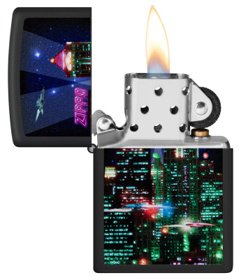 Зажигалка ZIPPO Кибергород с черным матовым покрытием | Cyber City Black Matte, латунь/сталь, черная 38x13x57 мм