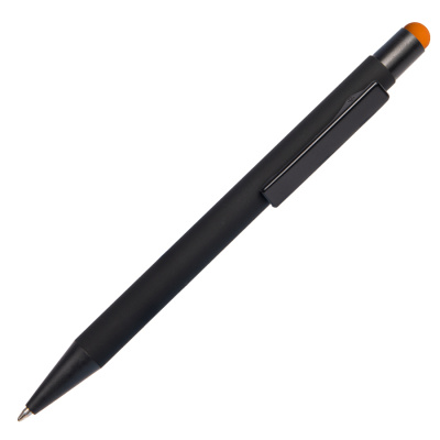 Ручка шариковая FACTOR BLACK со стилусом, черный/оранжевый, металл, пластик, софт-покрытие