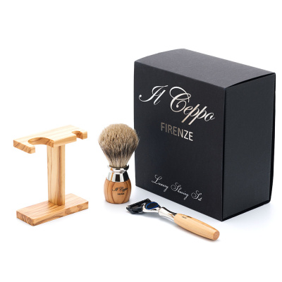 Бритвенный набор IL Ceppo: станок, помазок, подставка, оливковое дерево/никелированная латунь, FUSION, натуральный ворс барсука BEST BADGER
