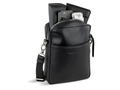 Сумка наплечная мужская BUGATTI КОМЕТА | COMET, чёрная, воловья кожа/полиэстер, 17х4,7х21 см