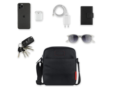 Сумка наплечная мужская BUGATTI КЛАРК | CLARK, чёрная, воловья кожа/полиэстер, 18х5,5х20 см, 2 л