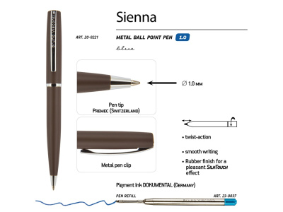 Ручка Sienna шариковая  автоматическая, коричневый металлический корпус soft-touch, 1.0 мм, синяя