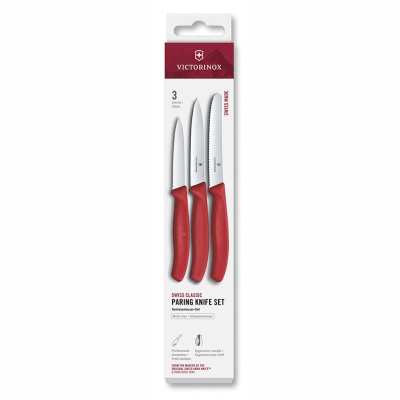 Набор из 3 ножей VICTORINOX Швейцарская классика | Swiss Classic: нож для овощей 8 см, нож для овощей 10 см, столовый нож 11 см, красная ручка