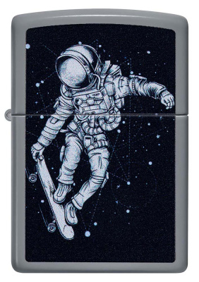 Зажигалка ZIPPO Космонавт-Скейтбордист со светло-серым покрытием | Skateboarding Astronaut Flat Grey, латунь/сталь, серая, 38x13x57 мм