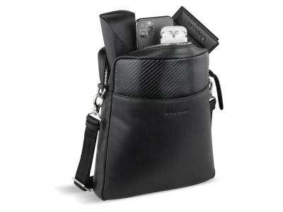 Сумка наплечная мужская BUGATTI КОМЕТА | COMET, чёрная, воловья кожа/полиэстер, 23,5х5х26 см