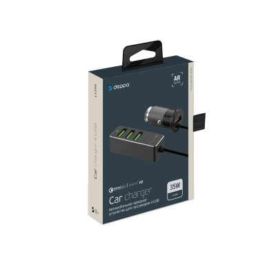АЗУ 1 USB + 3 USB для пассажиров, QC 3.0, 7А, алюминий, графит, Deppa