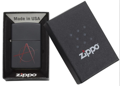 Зажигалка ZIPPO Символ анархии с черным матовым покрытием | Anarchy Symbol Black Matte, латунь/сталь, чёрная, матовая, 38x13x57 мм